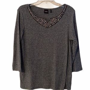 Rafaella 3/4 Sleeve Jeweled Neck Pullover